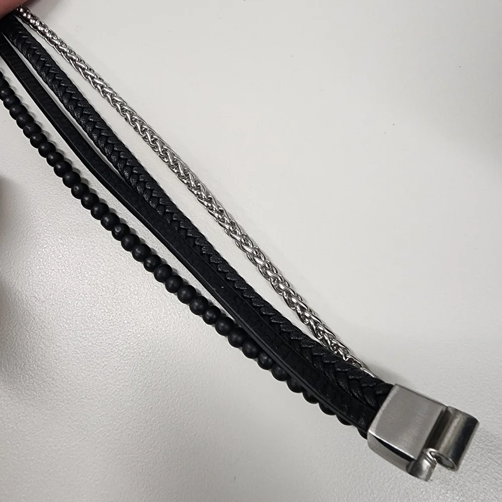 Multi-Strand Stainless Steel & Black Braided Beaded Faux Leather Bracelet Unisex